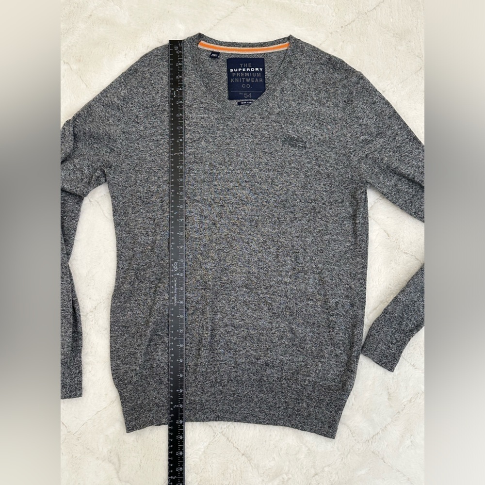 Superdry Men's V-Neck Sweater in Charcoal Gray with Orange Trim - Picture 7 of 12